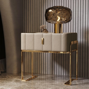 Champagne PU Leather Single Drawer Bedroom Nightstand Bedside Table with Stone Top